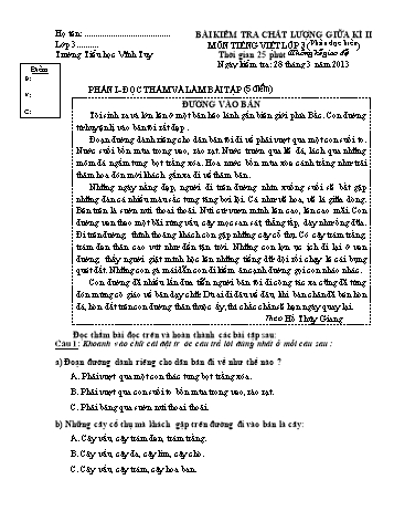 Bài kiểm tra chất lượng giữa kì II môn Tiếng Việt Lớp 3 - Năm học 2012-2013 - Trường Tiểu học Vĩnh Tuy (Có đáp án)