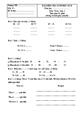 Bài kiểm tra cuối học kì II môn Toán Lớp 1 - Đề số 11