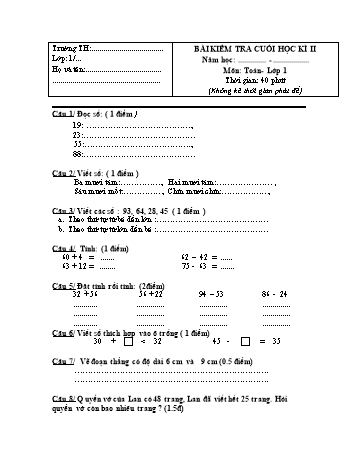 Bài kiểm tra cuối học kì II môn Toán Lớp 1 - Đề số 13