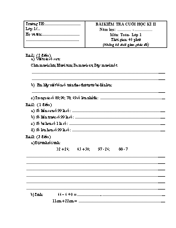Bài kiểm tra cuối học kì II môn Toán Lớp 1 - Đề số 1