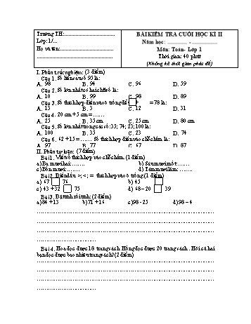 Bài kiểm tra cuối học kì II môn Toán Lớp 1 - Đề số 2