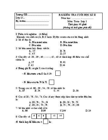 Bài kiểm tra cuối học kì II môn Toán Lớp 1 - Đề số 8