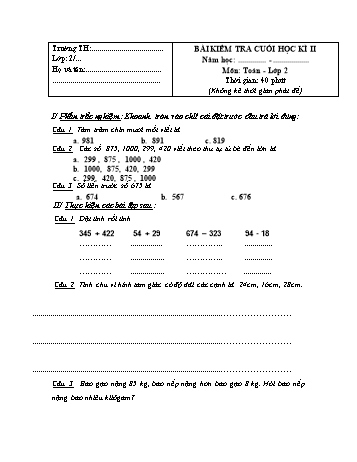 Bài kiểm tra cuối học kì II môn Toán Lớp 2 - Đề số 11