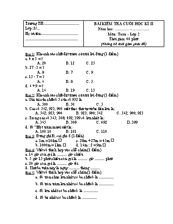 Bài kiểm tra cuối học kì II môn Toán Lớp 2 - Đề số 12