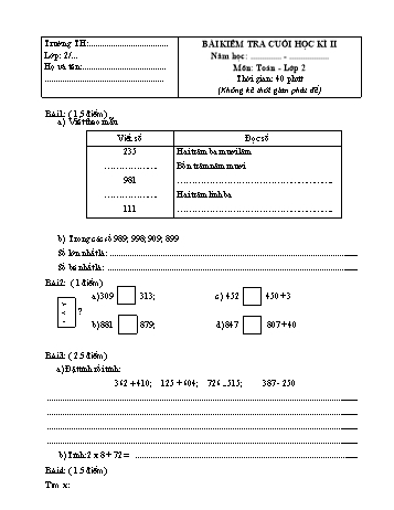 Bài kiểm tra cuối học kì II môn Toán Lớp 2 - Đề số 1
