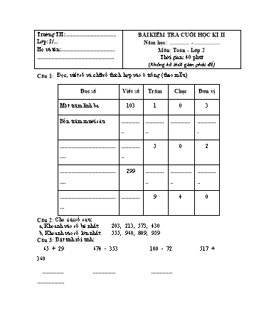 Bài kiểm tra cuối học kì II môn Toán Lớp 2 - Đề số 2