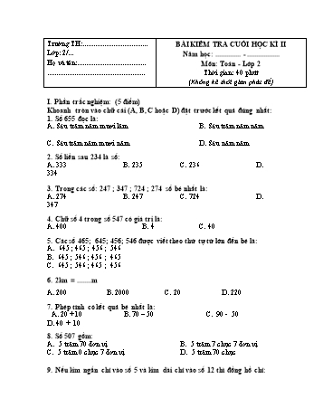 Bài kiểm tra cuối học kì II môn Toán Lớp 2 - Đề số 8