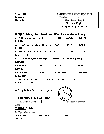 Bài kiểm tra cuối học kì II môn Toán Lớp 3 - Đề số 16