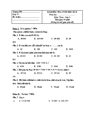 Bài kiểm tra cuối học kì II môn Toán Lớp 3 - Đề số 3