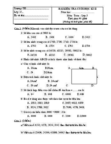 Bài kiểm tra cuối học kì II môn Toán Lớp 3 - Đề số 4