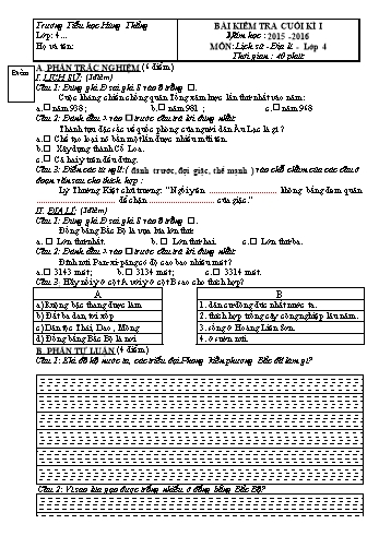 Bài kiểm tra cuối kì I môn Lịch sử & Địa lí Lớp 4 - Năm học 2015-2016 - Trường Tiểu học Hùng Thắng (Có đáp án)
