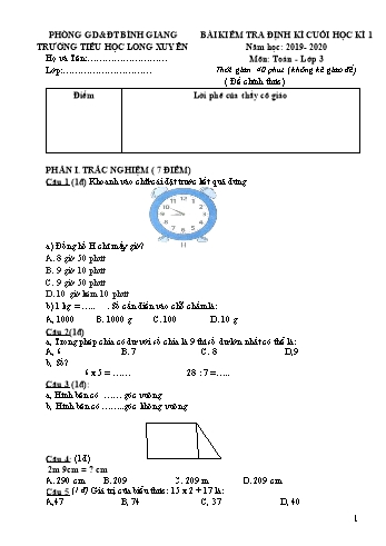 Bài kiểm tra định kì cuối học kì 1 môn Toán, Tiếng Việt Lớp 3 - Năm học 2019- 2020 - Trường Tiểu học Long Xuyên (Có đáp án)