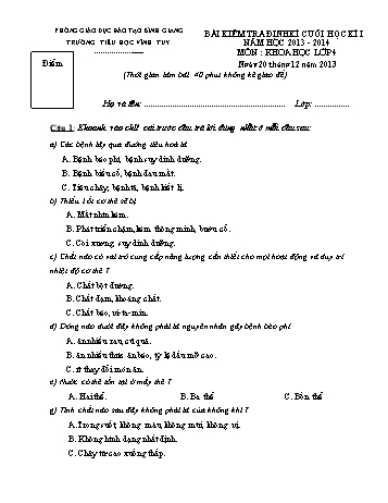 Bài kiểm tra định kì cuối học kì I môn Khoa học Lớp 4 - Năm học 2013-2014 - Trường Tiểu học Vĩnh Tuy (Có đáp án)