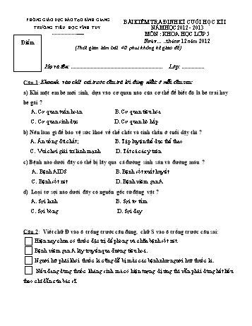 Bài kiểm tra định kì cuối học kì I môn Khoa học Lớp 5 - Năm học 2012-2013 - Trường Tiểu học Vĩnh Tuy (Có đáp án)
