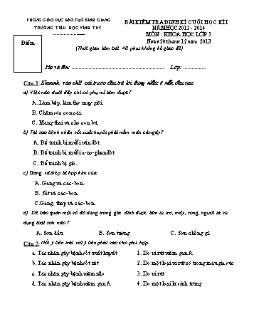 Bài kiểm tra định kì cuối học kì I môn Khoa học Lớp 5 - Năm học 2013-2014 - Trường Tiểu học Vĩnh Tuy (Có đáp án)
