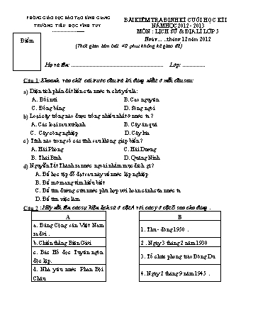 Bài kiểm tra định kì cuối học kì I môn Lịch sử & Địa lí Lớp 5 - Năm học 2012-2013 - Trường Tiểu học Vĩnh Tuy (Có đáp án)