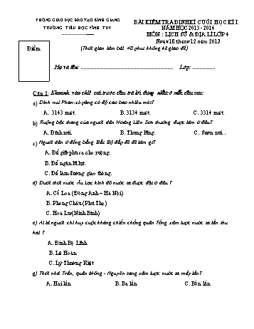 Bài kiểm tra định kì cuối học kì I môn Lịch sử và Địa lí Lớp 4 - Năm học 2013-2014 - Trường Tiểu học Vĩnh Tuy (Có đáp án)