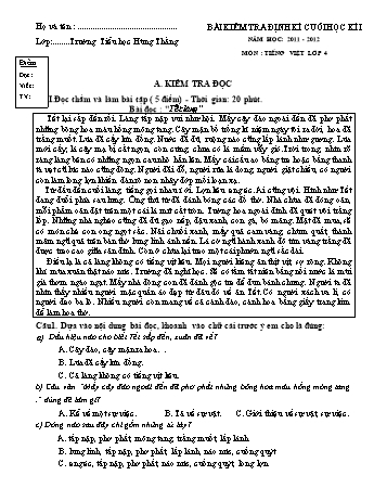 Bài kiểm tra định kì cuối học kì I môn Tiếng Việt Lớp 4 - Năm học 2011-2012 - Trường Tiểu học Hùng Thắng (Có đáp án)