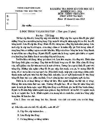 Bài kiểm tra định kì cuối học kì I môn Tiếng Việt Lớp 4 - Năm học 2013-2014 - Trường Tiểu học Vĩnh Tuy (Có đáp án)