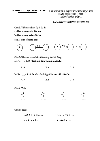 Bài kiểm tra định kì cuối học kì I môn Toán Lớp 1 - Năm học 2015-2016 - Trường Tiểu học Hùng Thắng