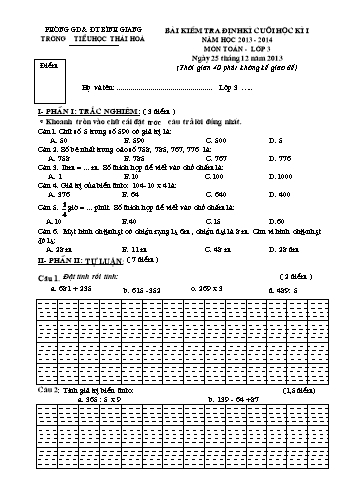 Bài kiểm tra định kì cuối học kì I môn Toán Lớp 3 - Năm học 2013-2014 - Trường Tiểu học Thái Hòa