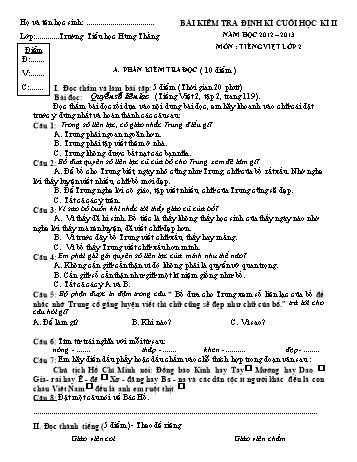 Bài kiểm tra định kì cuối học kì II môn Tiếng Việt Lớp 2 - Năm học 2012-2013 - Trường Tiểu học Hùng Thắng (Có đáp án)