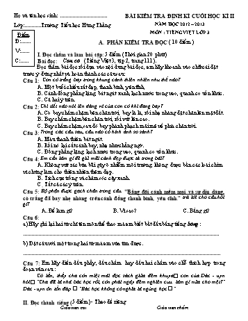 Bài kiểm tra định kì cuối học kì II môn Tiếng Việt Lớp 3 - Năm học 2012-2013 - Trường Tiểu học Hùng Thắng (Có đáp án)