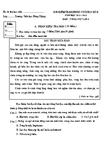 Bài kiểm tra định kì cuối học kì II môn Tiếng Việt Lớp 4 - Năm học 2012-2013 - Trường Tiểu học Hùng Thắng (Có đáp án)