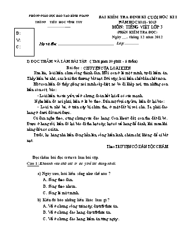 Bài kiểm tra định kì cuối kì I môn Tiếng Việt Lớp 3 - Năm học 2012-2013 - Trường Tiểu học Vĩnh Tuy (Có đáp án)