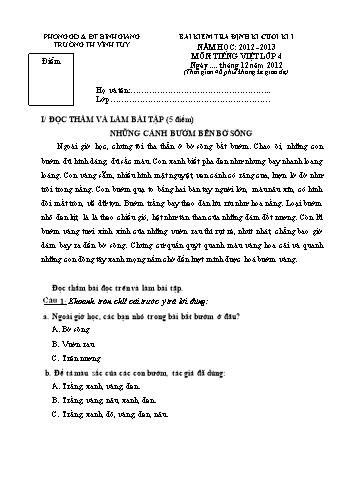Bài kiểm tra định kì cuối kì I môn Tiếng Việt Lớp 4 - Năm học 2012-2013 - Trường Tiểu học Vĩnh Tuy (Có đáp án)