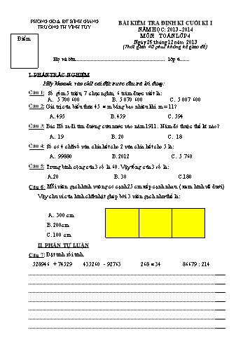 Bài kiểm tra định kì cuối kì I môn Toán học Lớp 4 - Năm học 2013-2014 - Trường Tiểu học Vĩnh Tuy (Có đáp án)