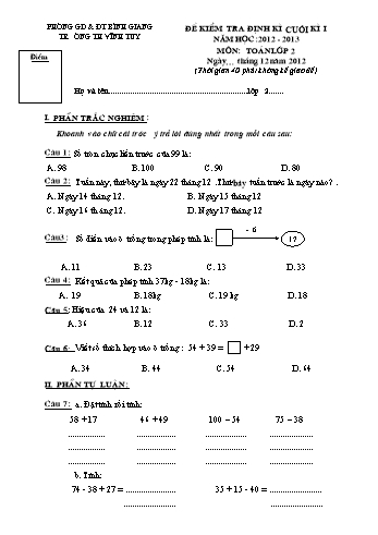 Bài kiểm tra định kì cuối kì I môn Toán Lớp 2 - Năm học 2012-2013 - Trường Tiểu học Vĩnh Tuy (Có đáp án)