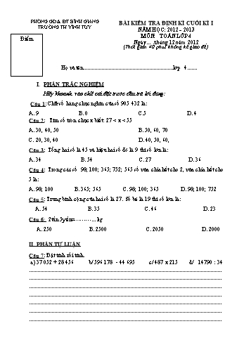 Bài kiểm tra định kì cuối kì I môn Toán Lớp 4 - Năm học 2012-2013 - Trường Tiểu học Vĩnh Tuy (Có đáp án)