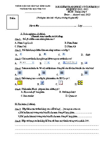 Bài kiểm tra định kì cuối năm học môn Tin học Lớp 4 - Năm học 2012-2013 - Trường Tiểu học Vĩnh Tuy (Có đáp án)