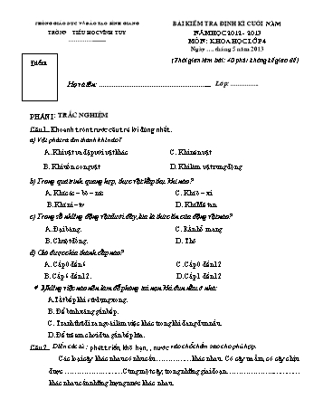 Bài kiểm tra định kì cuối năm môn Khoa học Lớp 4 - Năm học 2012-2013 - Trường Tiểu học Vĩnh Tuy (Có đáp án)