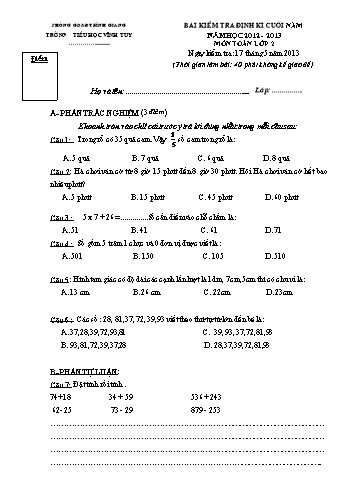Bài kiểm tra định kì cuối năm môn Toán Lớp 2 - Năm học 2012-2013 - Trường Tiểu học Vĩnh Tuy (Có đáp án)