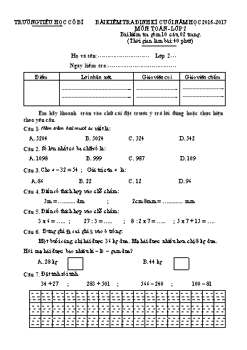Bài kiểm tra định kì cuối năm môn Toán Lớp 2 - Năm học 2016-2017 - Trường Tiểu học Cổ Bì (Có đáp án)