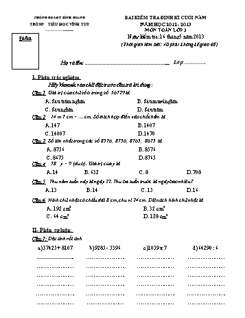 Bài kiểm tra định kì cuối năm môn Toán Lớp 3 - Năm học 2012-2013 - Trường Tiểu học Vĩnh Tuy (Có đáp án)