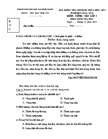 Bài kiểm tra định kì giữa học kì I môn Tiếng Việt Lớp 3 - Năm học 2012-2013 - Trường Tiểu học Vĩnh Tuy (Có đáp án)