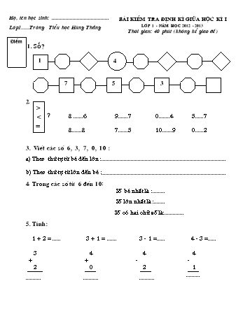 Bài kiểm tra định kì giữa học kì I môn Toán Lớp 1 - Năm học 2012-2013 - Trường Tiểu học Hùng Thắng