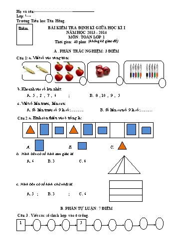 Bài kiểm tra định kì giữa học kì I môn Toán Lớp 1 - Năm học 2013-2014 - Trường Tiểu học Tân Hồng (Có đáp án)
