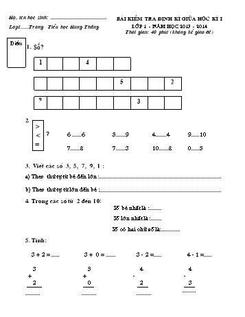 Bài kiểm tra định kì giữa học kì I môn Toán Lớp 1 - Năm học 2013-2014 - Trường Tiểu học Hùng Thắng
