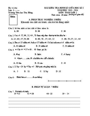 Bài kiểm tra định kì giữa học kì I môn Toán Lớp 2 - Năm học 2013-2014 - Trường Tiểu học Tân Hồng (Có đáp án)
