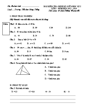 Bài kiểm tra định kì giữa học kì I môn Toán Lớp 2 - Năm học 2013-2014 - Trường Tiểu học Hùng Thắng