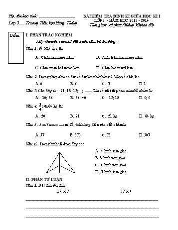 Bài kiểm tra định kì giữa học kì I môn Toán Lớp 3 - Năm học 2013-2014 - Trường Tiểu học Hùng Thắng