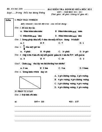 Bài kiểm tra định kì giữa học kì I môn Toán Lớp 3 - Năm học 2012-2013 - Trường Tiểu học Hùng Thắng