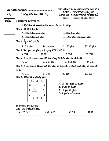 Bài kiểm tra định kì giữa học kì I môn Toán Lớp 3 - Năm học 2012-2013 - Trường Tiểu học Vĩnh Tuy (Có đáp án)