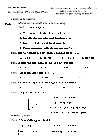 Bài kiểm tra định kì giữa học kì I môn Toán Lớp 4 - Năm học 2012-2013 - Trường Tiểu học Hùng Thắng