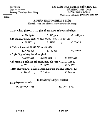 Bài kiểm tra định kì giữa học kì I môn Toán Lớp 4 - Năm học 2013-2014 - Trường Tiểu học Tân Hồng (Có đáp án)