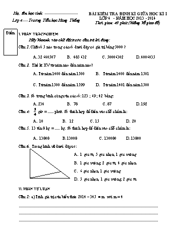 Bài kiểm tra định kì giữa học kì I môn Toán Lớp 4 - Năm học 2013-2014 - Trường Tiểu học Hùng Thắng